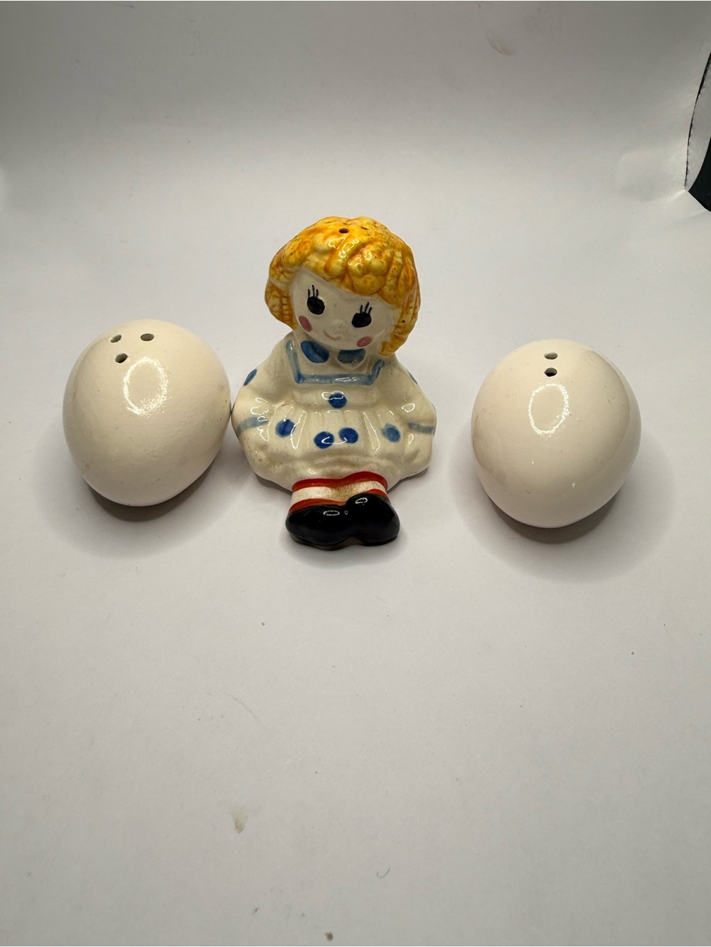 Vintage Ceramic Salt & Pepper Shaker Set Girl Holder Mid Century